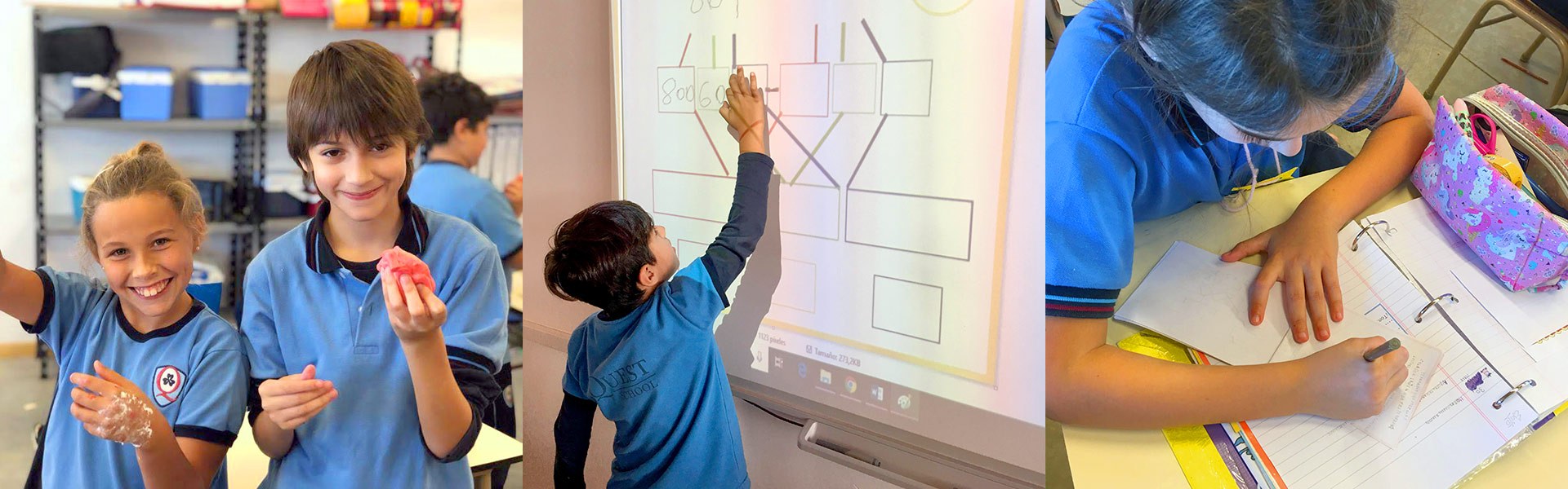 Alumnos de Quest School trabajando y sonriendo en el aula: modelado, pizarra digital y escritura