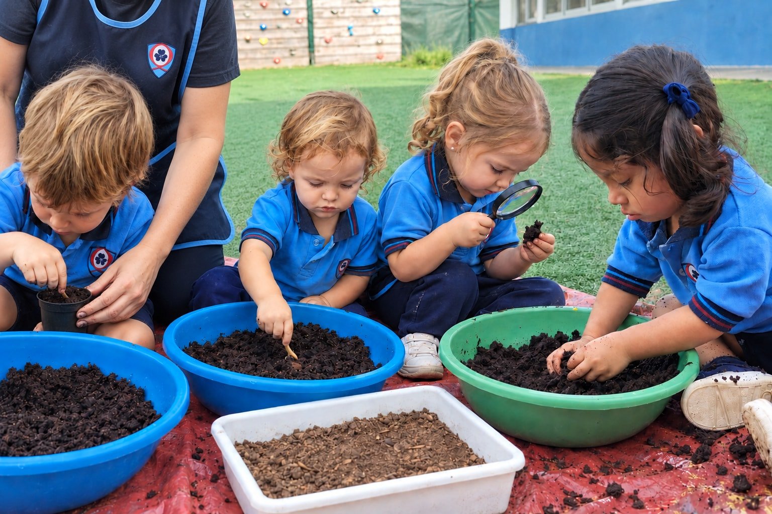 Alumnos de Nivel Inicial explorando la tierra con una lupa en el patio del colegio