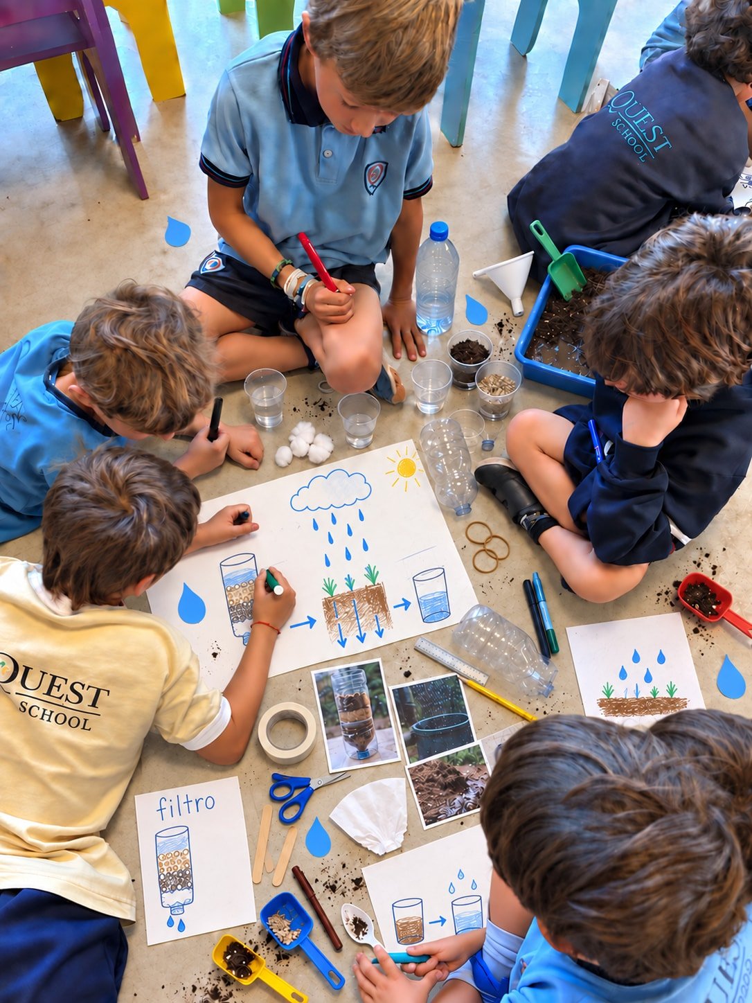Alumnos de primaria armando en el piso un afiche sobre cómo se filtra el agua