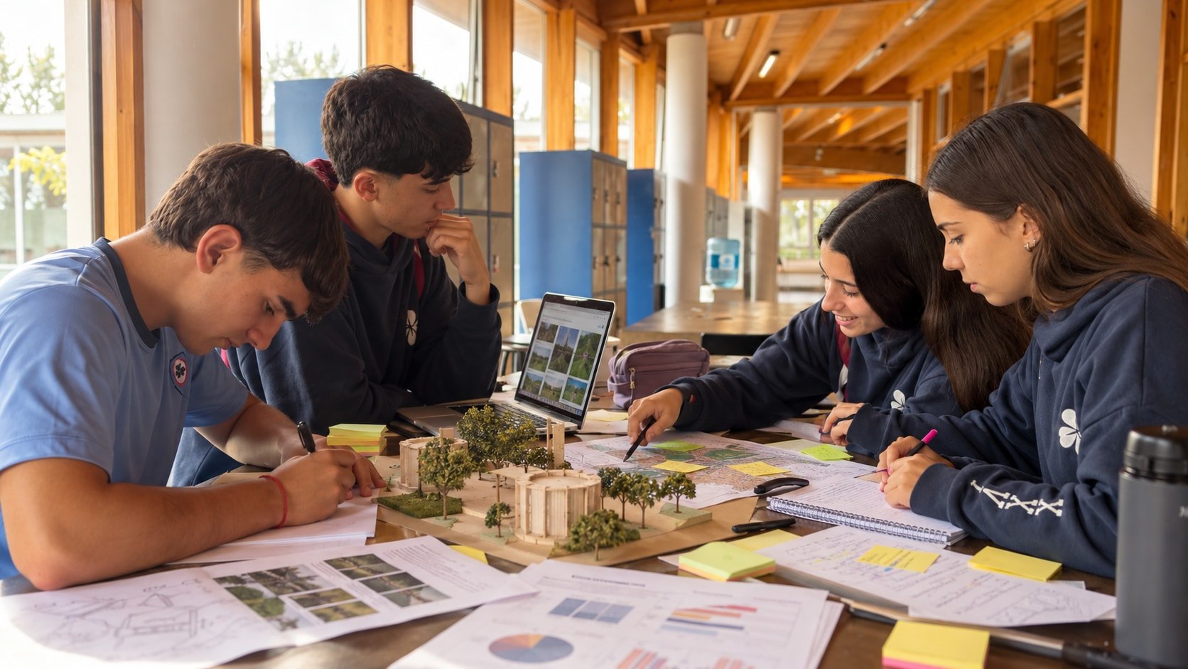 Estudiantes de secundaria trabajando en equipo en la maqueta de un proyecto, con notebook y planos